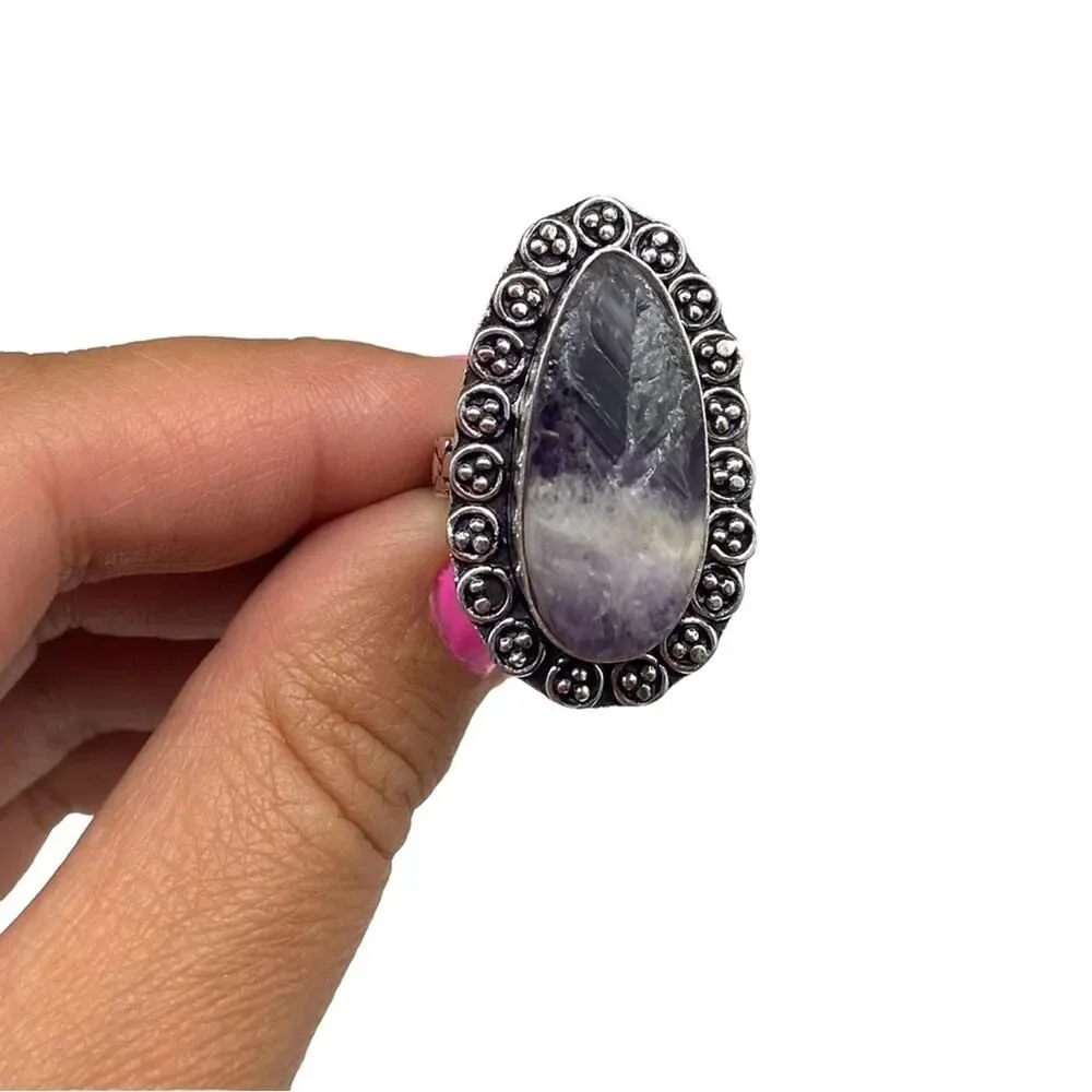 Chevron Amethyst Ring Size 7.5 925 Sterling Silver Overlay Boho Stone Purple